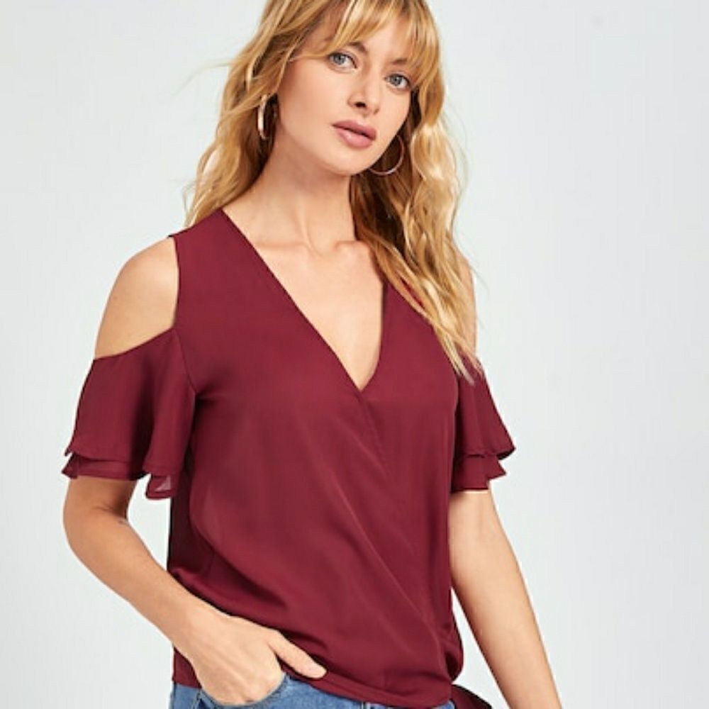 SHEIN wine cold shoulder layered sleeve wrap top, new with tags - Picture 2 of 7